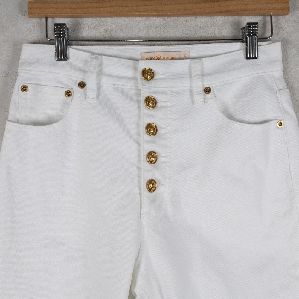 Tory Burch White High Rise Button Fly Embroidered Flower Cropped‎ Jeans Size 27 - Picture 10 of 16